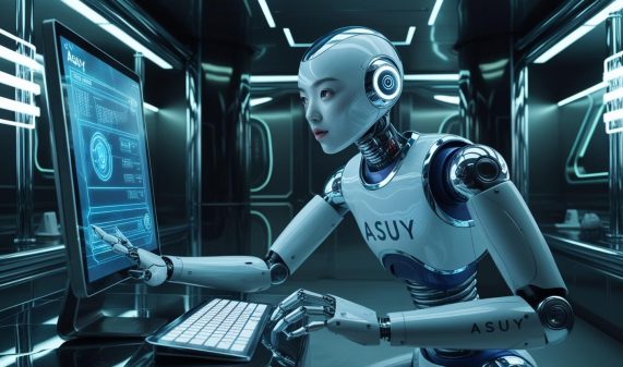 image of a futuristic robot named Asuy (written on the chest) using a computer in a futuristic room (1)